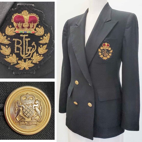 Lauren Ralph Lauren Womens Black Wool Double Breasted Blazer Crested Royal Crown